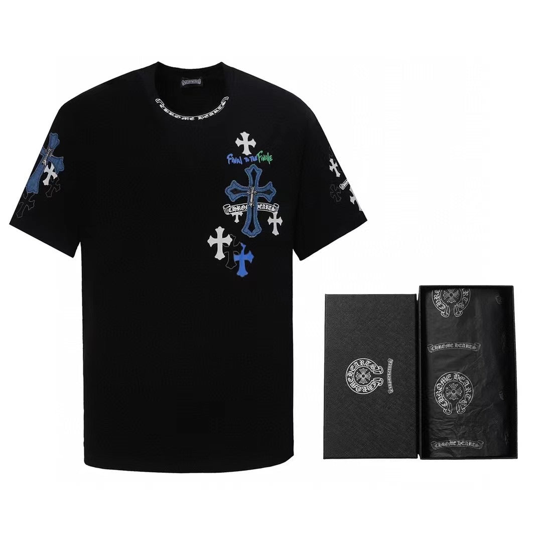 Chrome Hearts 2026 SS Blue & White Cross Embroidered T-Shirt - Black Unisex Cotton Tee with Gothic Logo