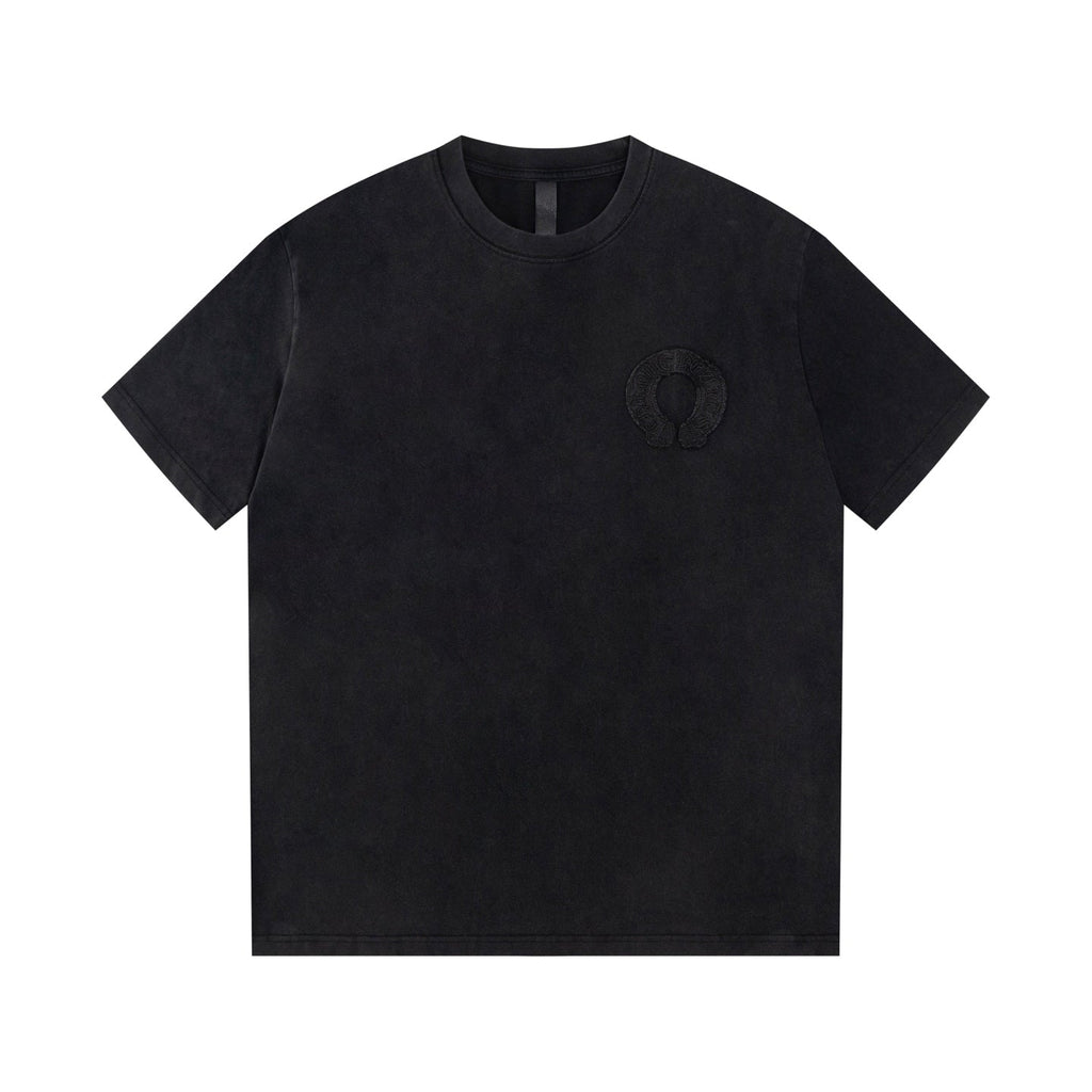 Chrome Hearts Style Horseshoe Cross T-Shirt - Embroidered Back Print, Vintage Wash Cotton Streetwear Tee