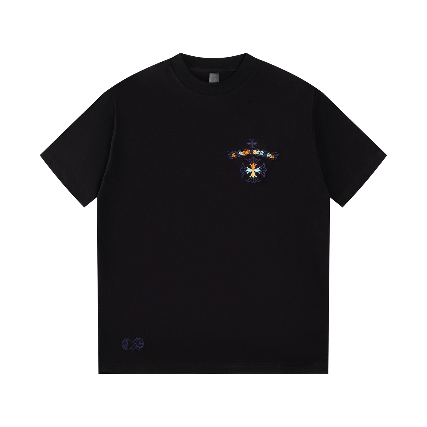 Chrome Hearts Black T-Shirt with Colorful Embroidered Horseshoe Cross Graphic