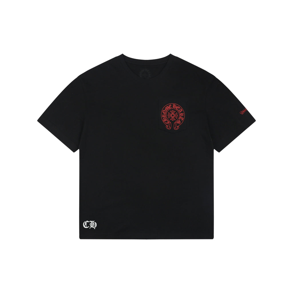 Chrome Hearts Style Red Embroidered Horseshoe Pocket T-Shirt - Black Cotton Streetwear Tee