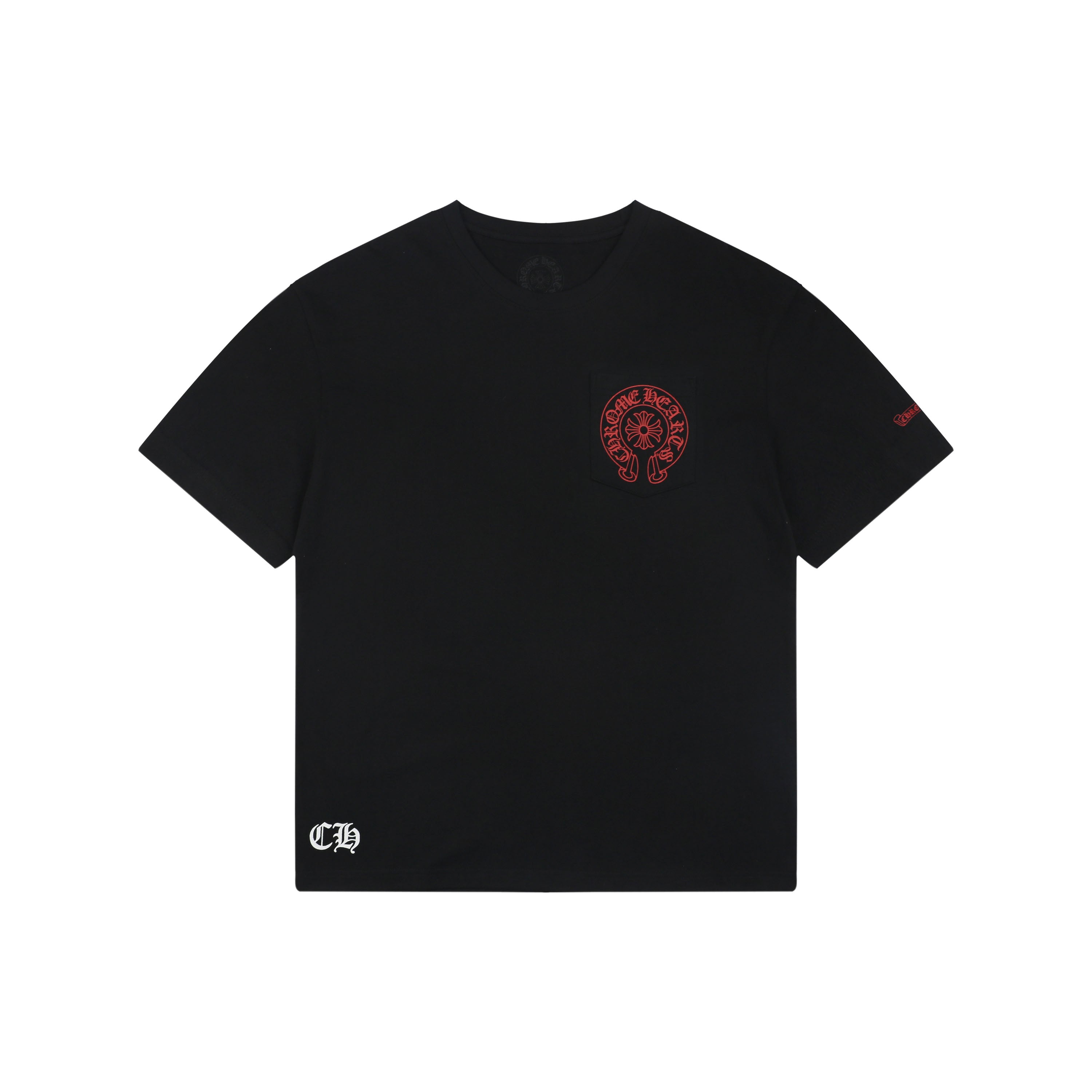 Chrome Hearts Style Red Embroidered Horseshoe Pocket T-Shirt - Black Cotton Streetwear Tee