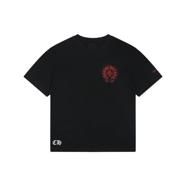 Chrome Hearts Style Red Embroidered Horseshoe Pocket T-Shirt - Black Cotton Streetwear Tee