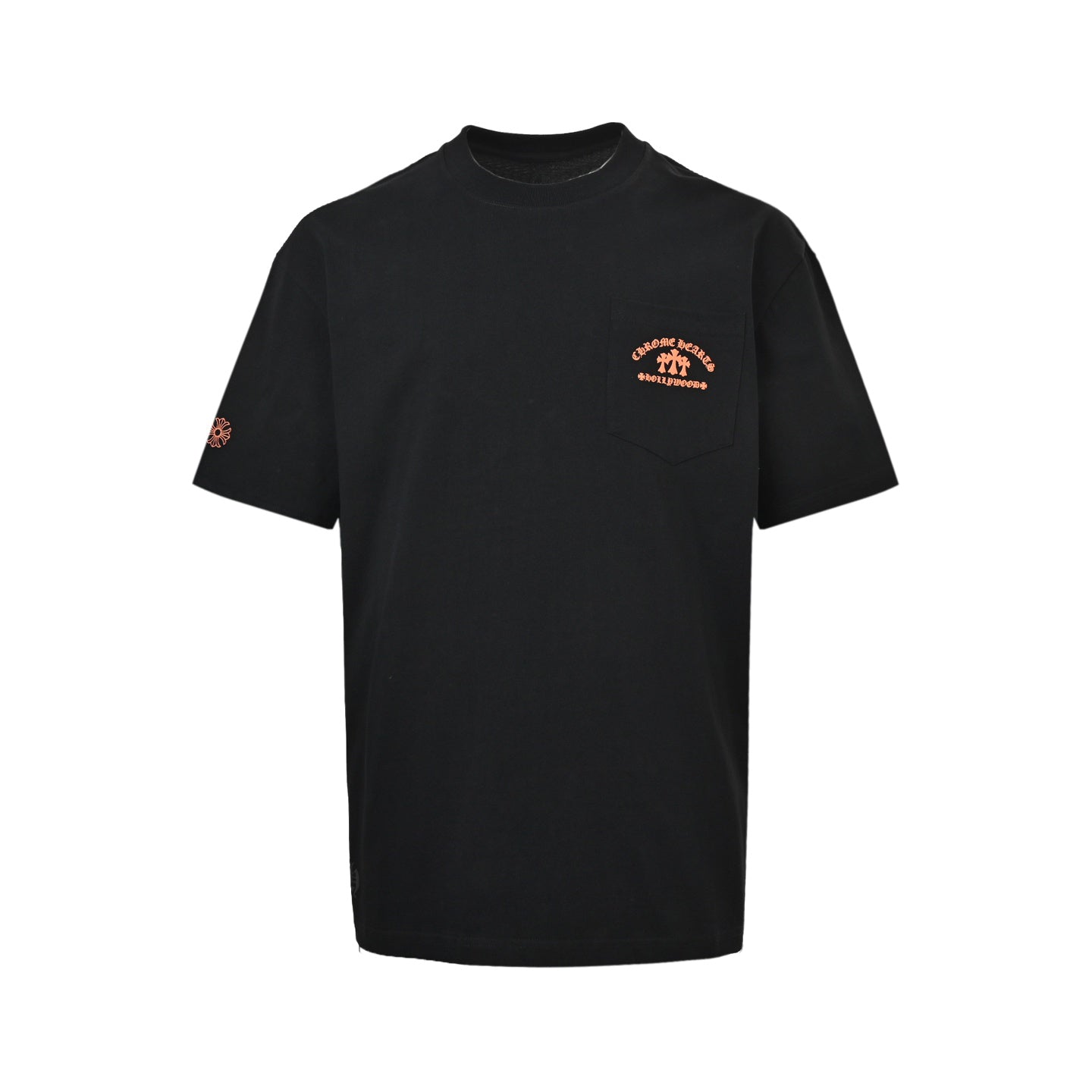Chrome Hearts 2026 SS Hollywood Triple Cross Pocket T-Shirt - Black Unisex Cotton Tee with Orange Gothic Logo