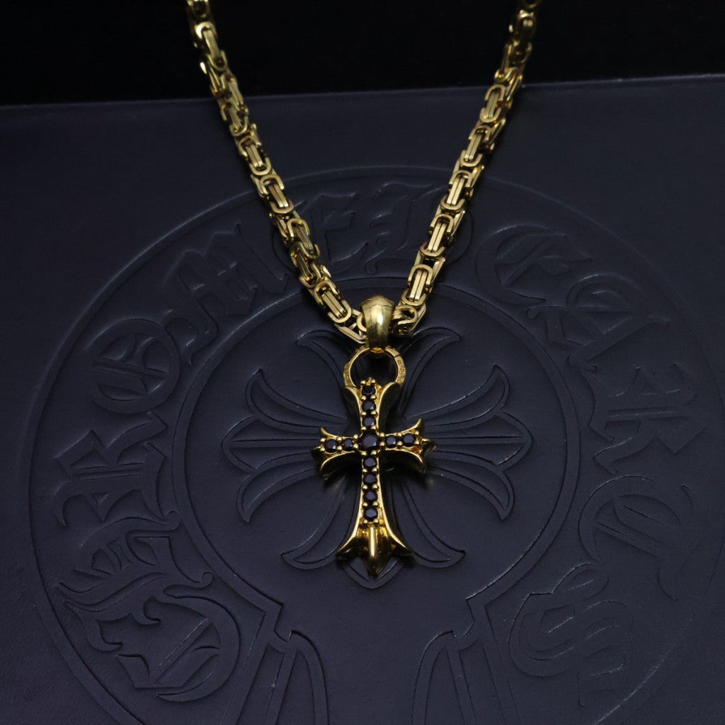 Chrome Hearts 22K Gold & Black Diamond Cross Necklace