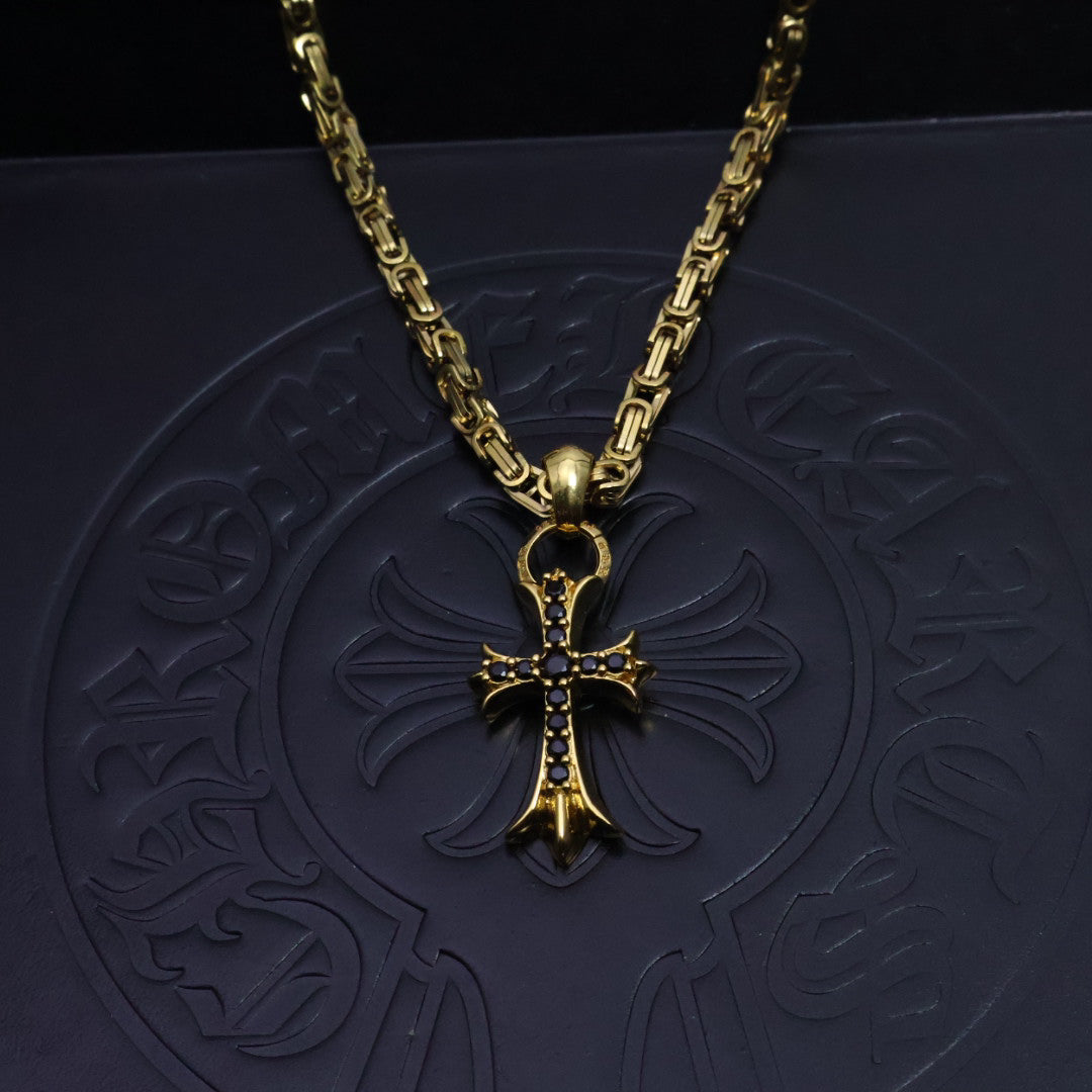 Chrome Hearts 22K Gold & Black Diamond Cross Necklace