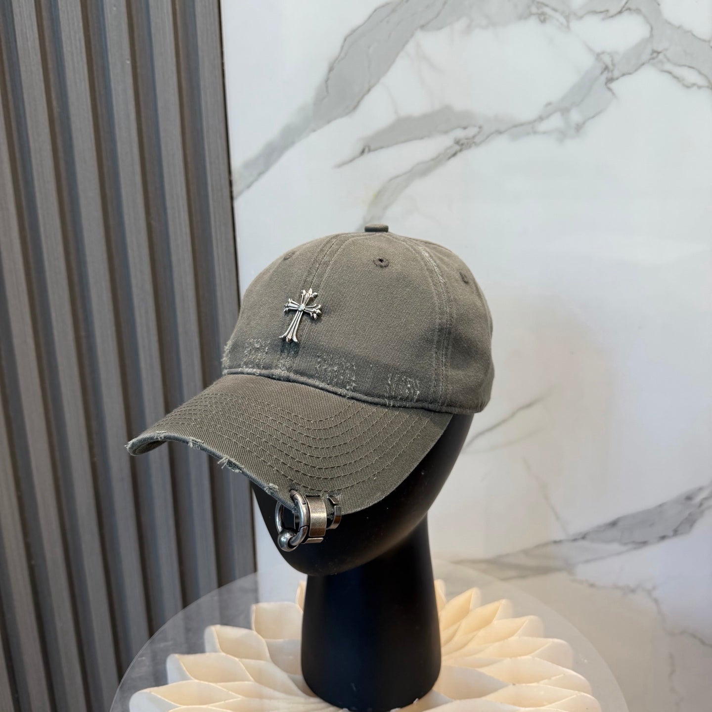 Chrome Hearts Grey-Green Washed & Distressed Soft-Top Baseball Cap