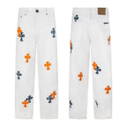 Chrome Hearts "Orange & Blue Leopard Print Cross Patchwork" Jeans