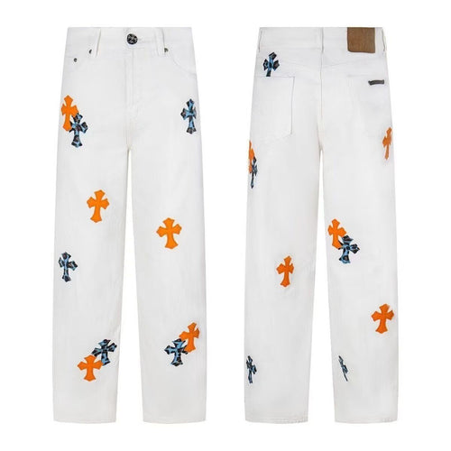 Chrome Hearts "Orange & Blue Leopard Print Cross Patchwork" Jeans