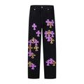 Chrome Hearts Black Denim Jeans with Purple Leopard-Print Cross Leather Patches