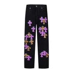 Chrome Hearts Black Denim Jeans with Purple Leopard-Print Cross Leather Patches