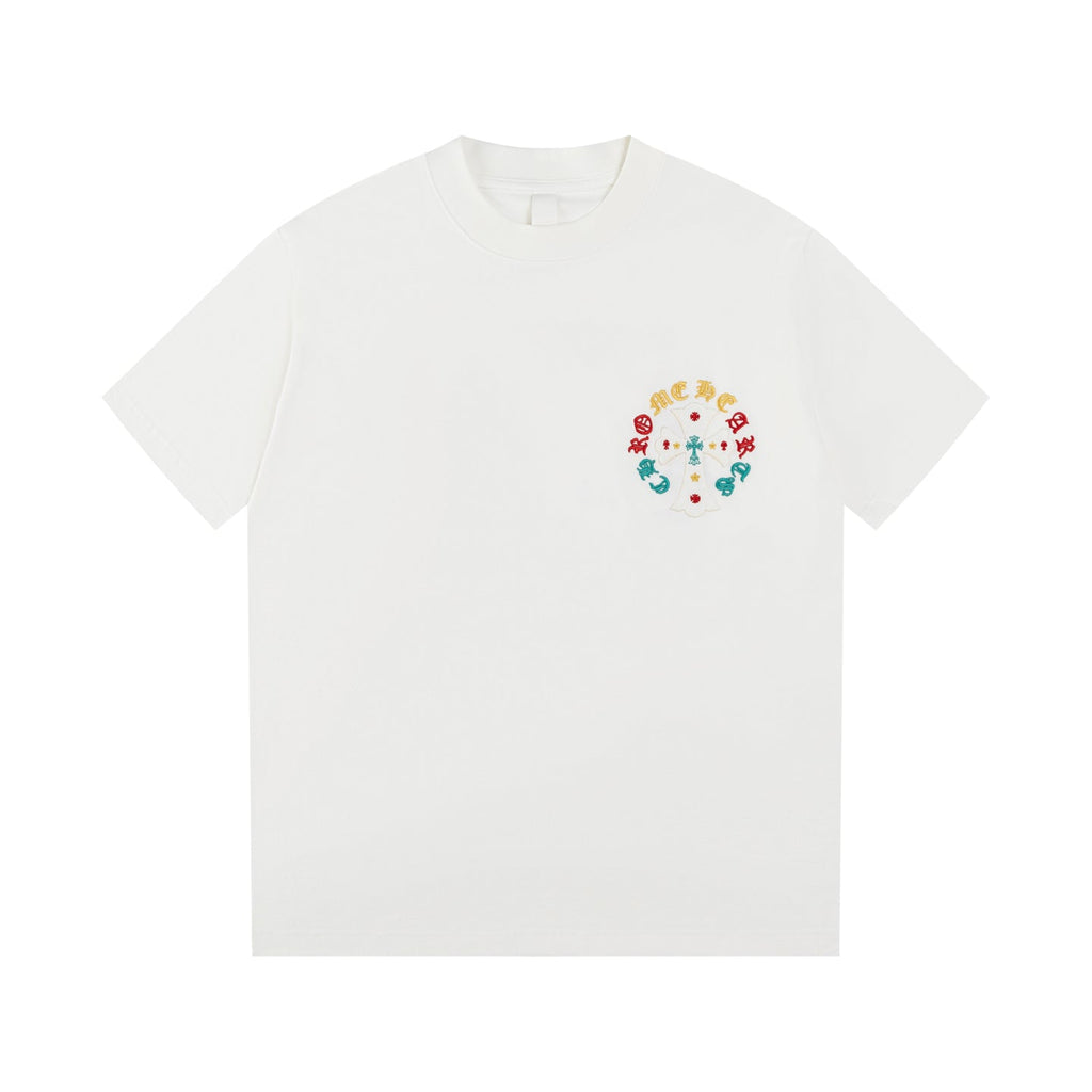 Men's Streetwear T-Shirt - Colorful Sanskrit & Cross Embroidery, Premium Cotton, Unisex Casual Top