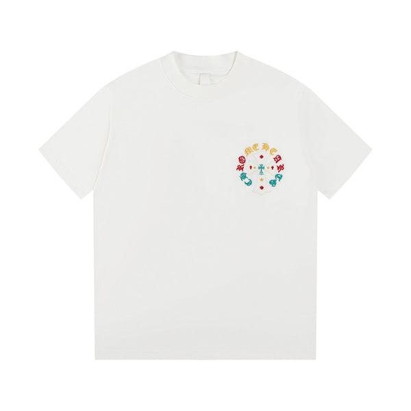 Men's Streetwear T-Shirt - Colorful Sanskrit & Cross Embroidery, Premium Cotton, Unisex Casual Top