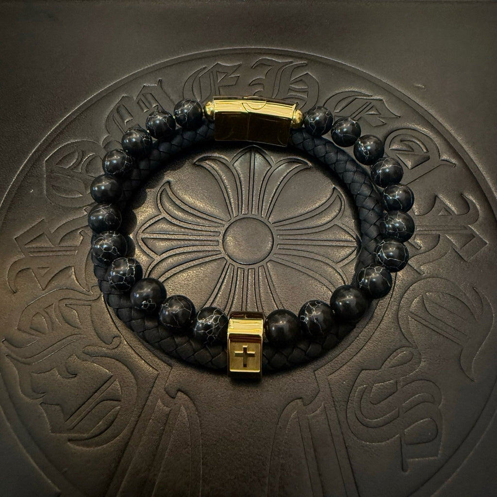 Chrome Hearts Double-Layer Bracelet: Volcanic Stone and Leather
