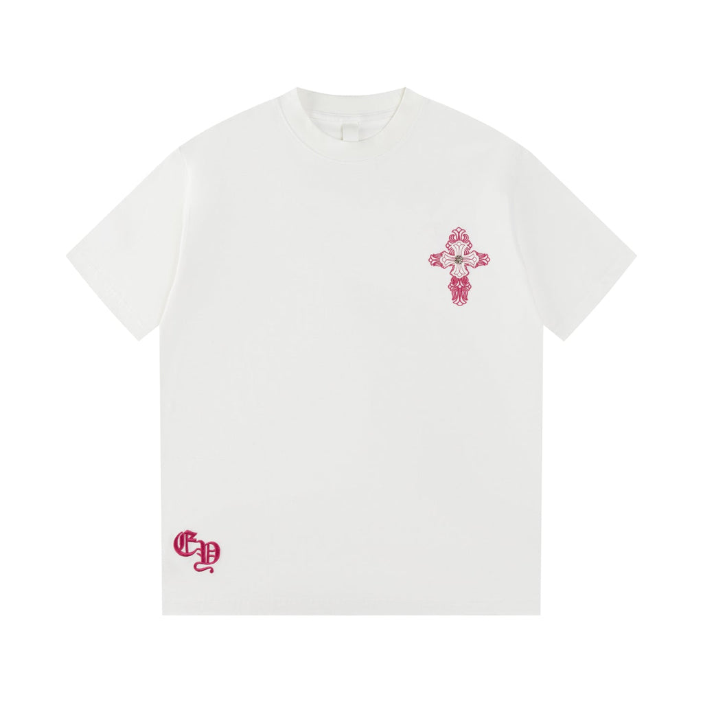 Chrome Hearts 2026 SS Pink Embroidered Cross T-Shirt - White Unisex Cotton Tee with Gothic Logo