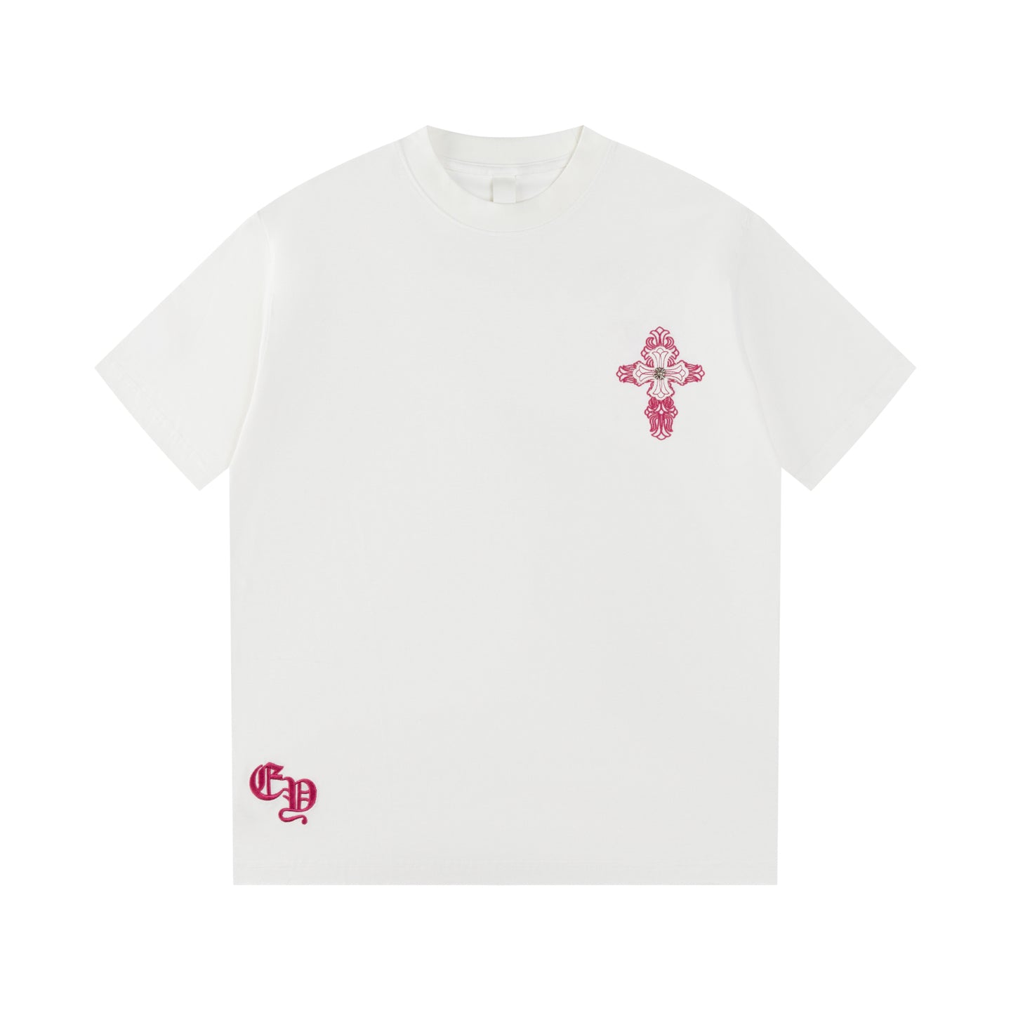 Chrome Hearts 2026 SS Pink Embroidered Cross T-Shirt - White Unisex Cotton Tee with Gothic Logo