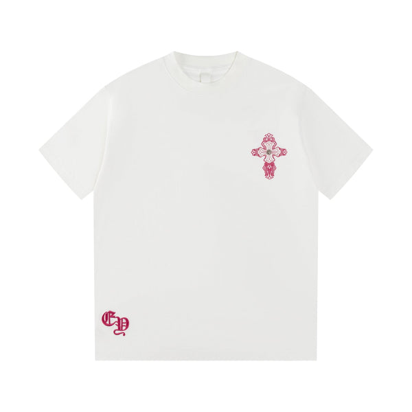 Chrome Hearts 2026 SS Pink Embroidered Cross T-Shirt - White Unisex Cotton Tee with Gothic Logo