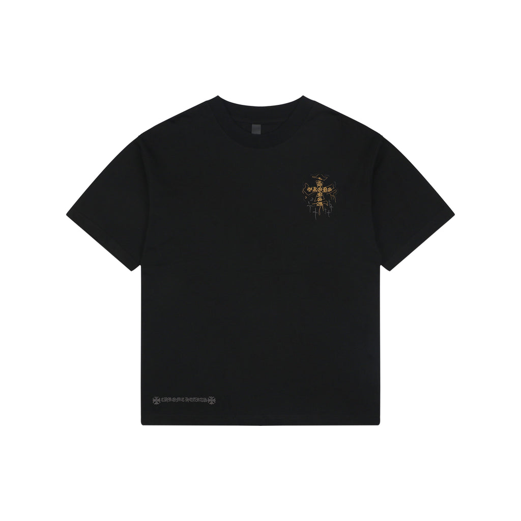Chrome Hearts Style Black T-Shirt with Gold Cross Graphic and Bottom Logo - Premium Cotton Streetwear Tee