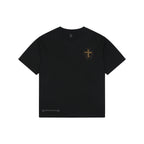 Chrome Hearts Style Black T-Shirt with Gold Cross Graphic and Bottom Logo - Premium Cotton Streetwear Tee