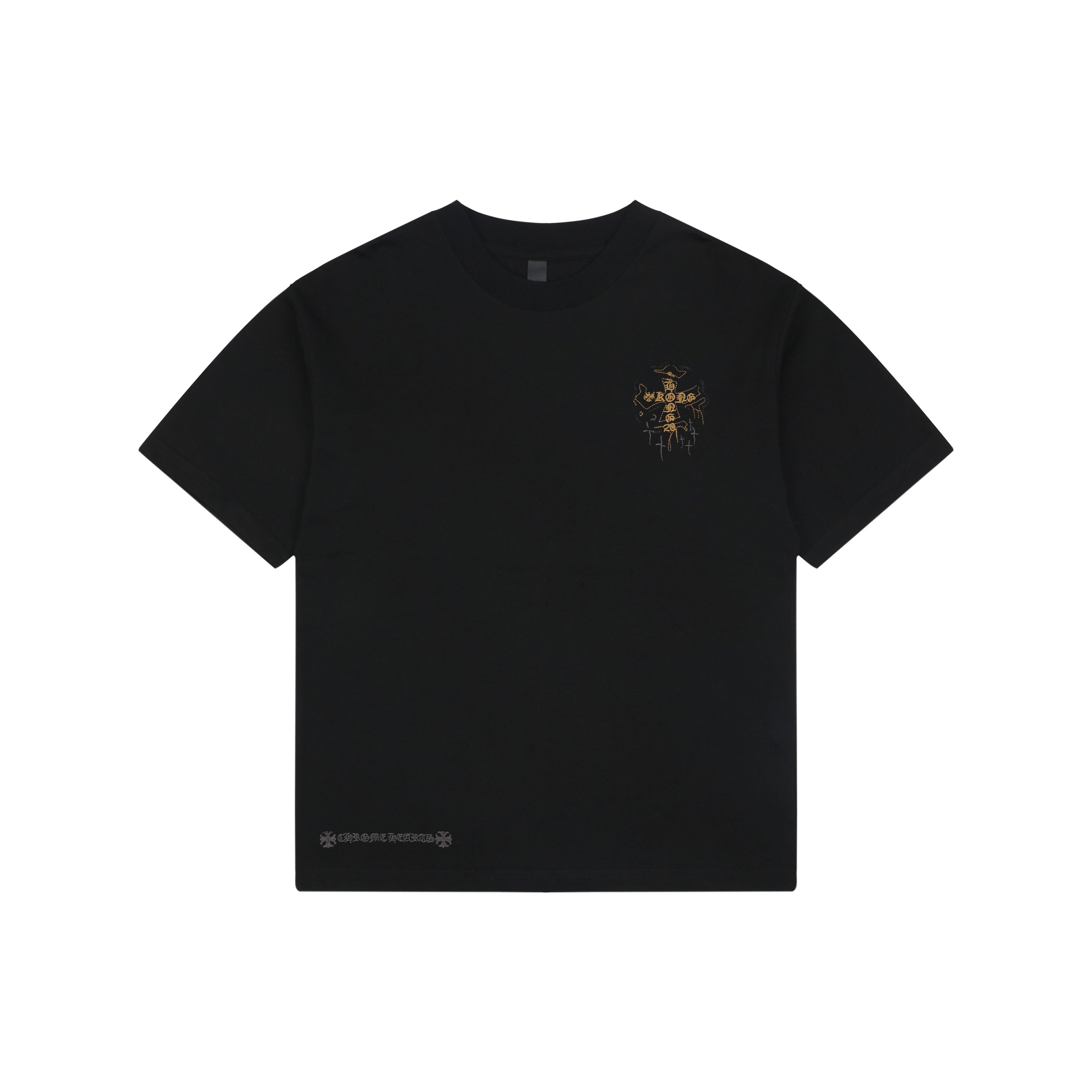 Chrome Hearts Style Black T-Shirt with Gold Cross Graphic and Bottom Logo - Premium Cotton Streetwear Tee