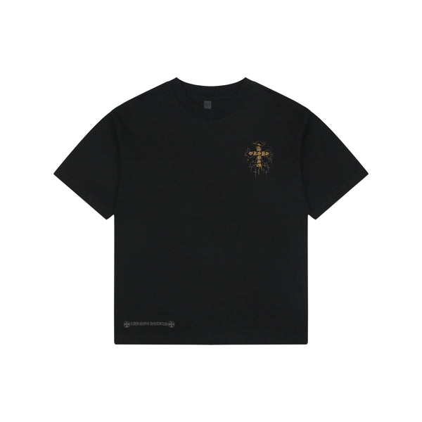 Chrome Hearts Style Black T-Shirt with Gold Cross Graphic and Bottom Logo - Premium Cotton Streetwear Tee
