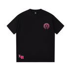 Chrome Hearts Black T-Shirt with Pink Embroidered Horseshoe Cross Graphic