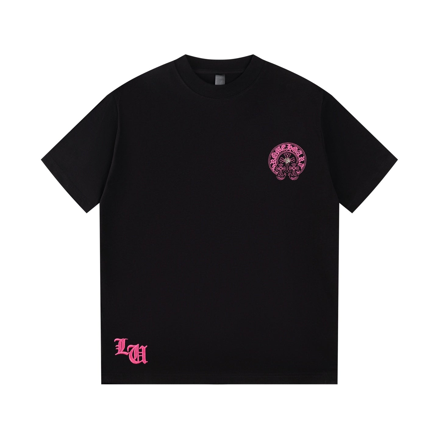Chrome Hearts Black T-Shirt with Pink Embroidered Horseshoe Cross Graphic