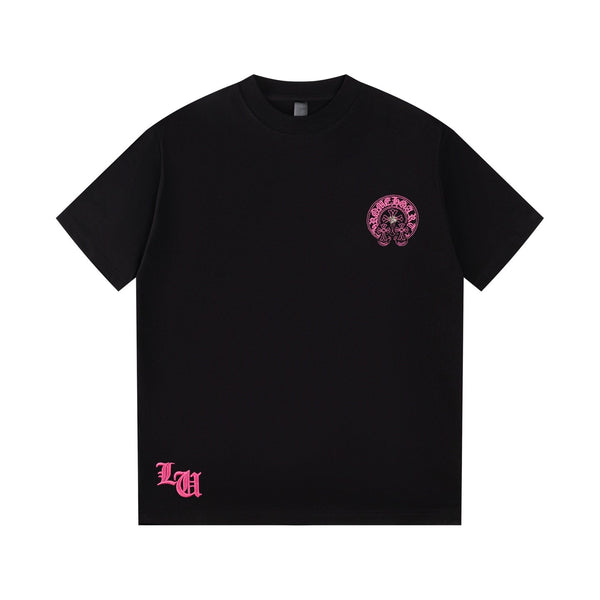 Chrome Hearts Black T-Shirt with Pink Embroidered Horseshoe Cross Graphic