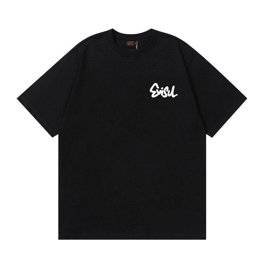 The T-shirt is an EVISU short-sleeve tee featuring a skull and large "M" print.