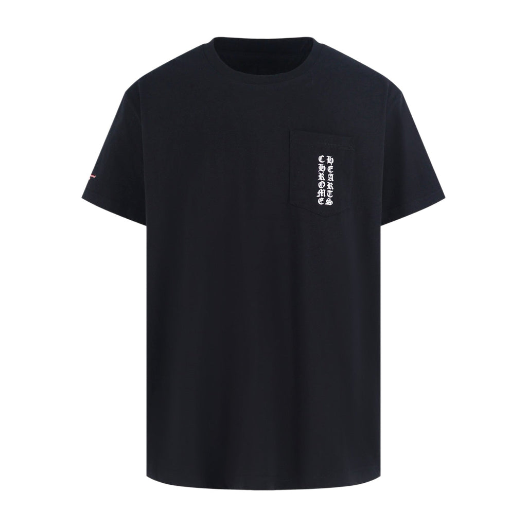 Chrome Hearts Style Black T-Shirt - Pink Gothic Back Print & Pocket Logo, Cotton Streetwear Tee