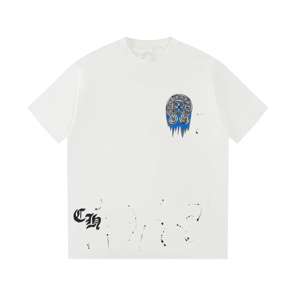 Chrome Hearts White T-Shirt with Blue Drip Horseshoe Cross Graphic