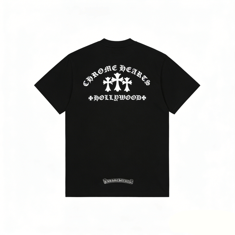 Chrome Hearts Triple Cross Hollywood T-Shirt - Black Classic Tee with White Logo