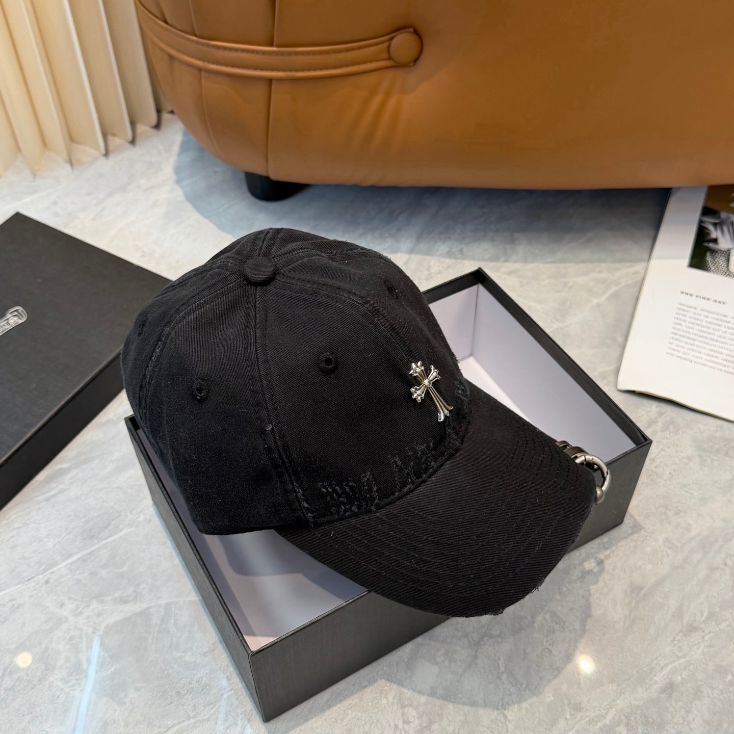 Chrome Hearts Black Washed, Distressed Soft-Top Baseball Cap
