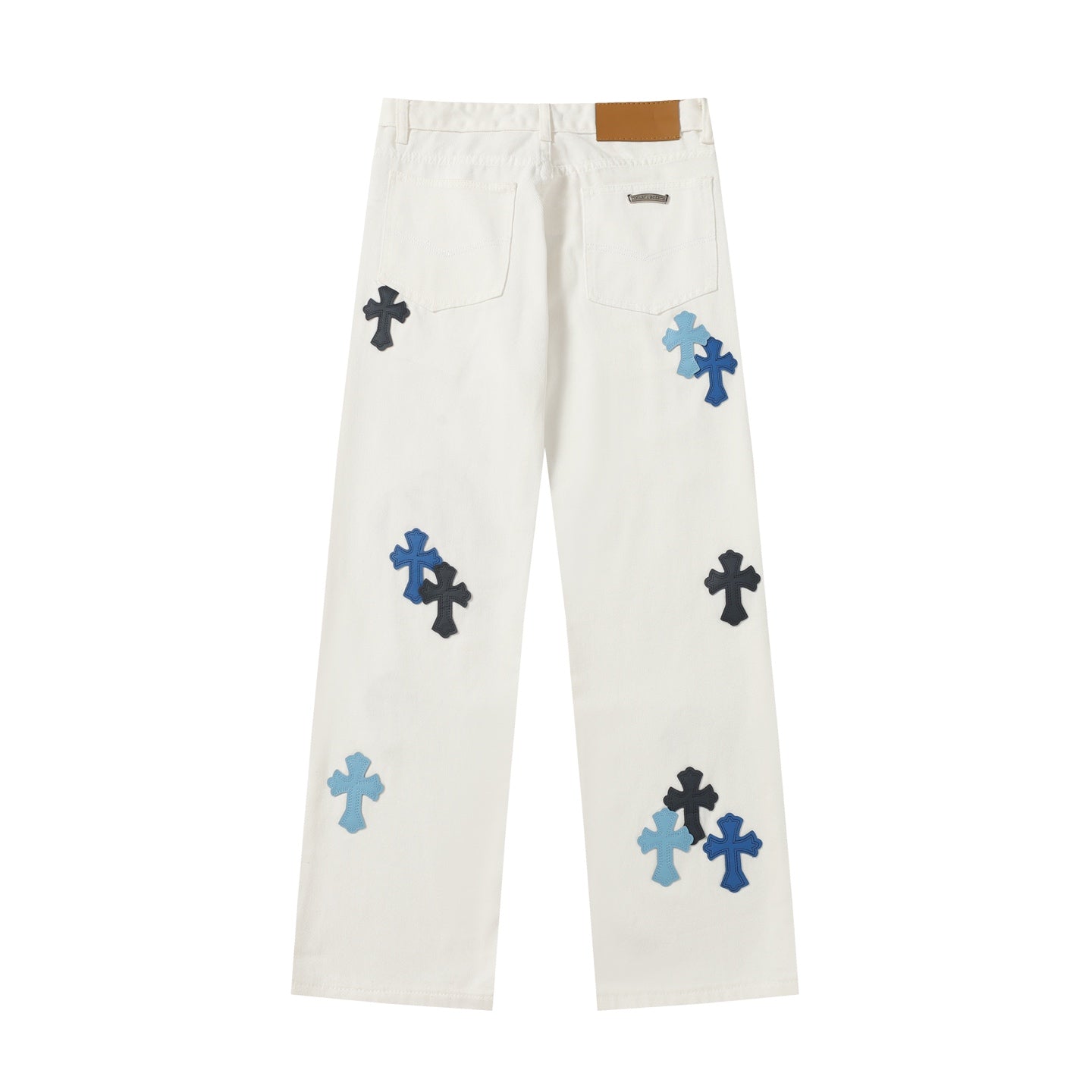 Chrome Hearts' classic white denim jeans with a colored leather cross wash.