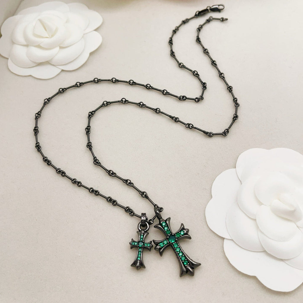 Chrome Hearts Black, Silver, and Green Diamond Double Cross Necklace