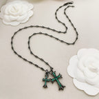 Chrome Hearts Black, Silver, and Green Diamond Double Cross Necklace