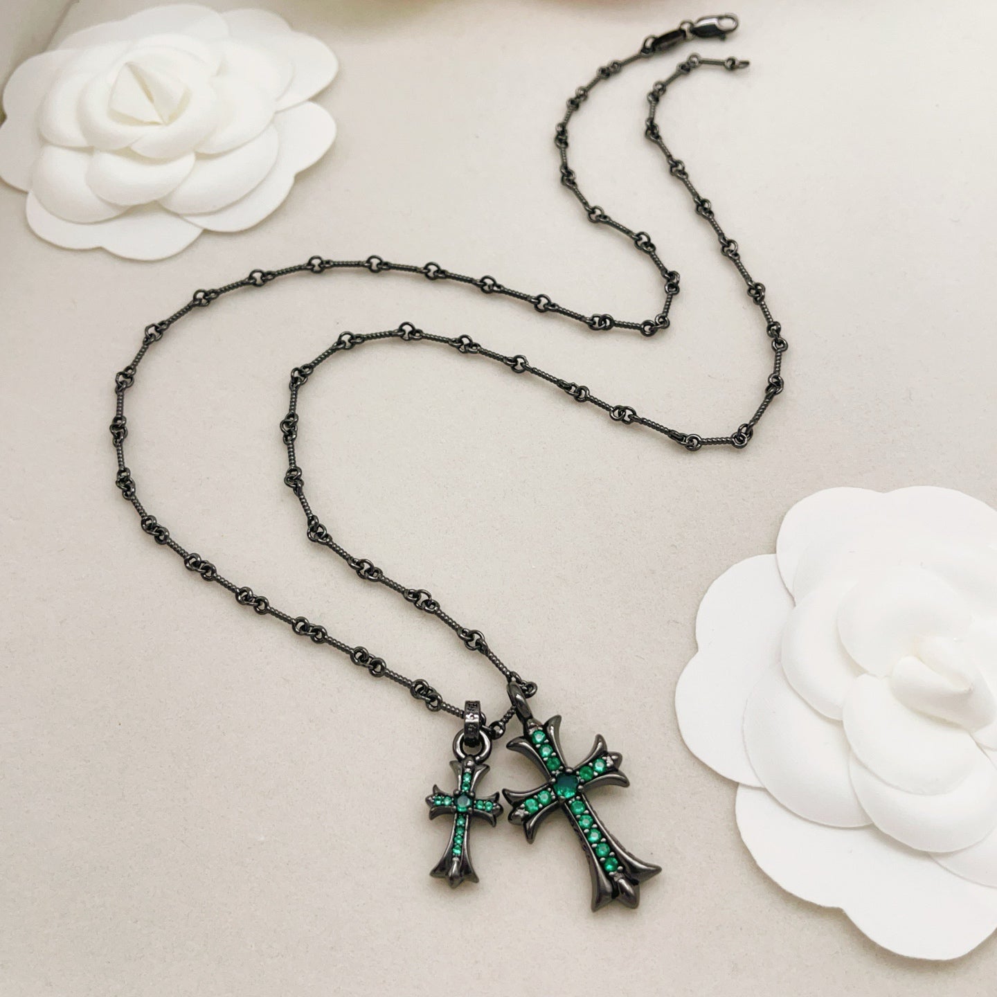 Chrome Hearts Black, Silver, and Green Diamond Double Cross Necklace
