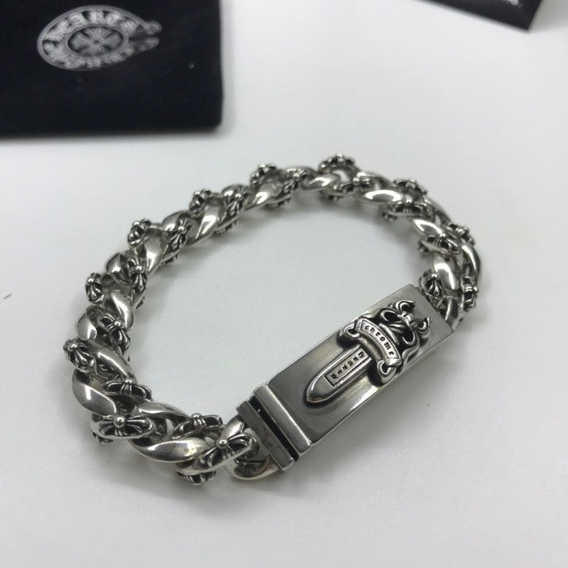 Chrome Hearts 925 Silver Sword and Fleur-de-Lis Bracelet
