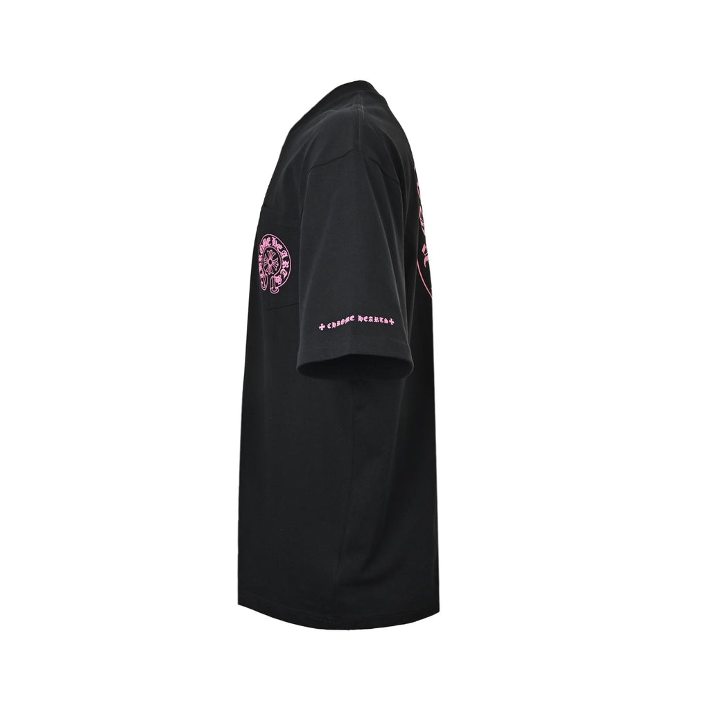 Chrome Hearts 2026 SS Pink Horseshoe & Cross Pocket T-Shirt - Black Unisex Cotton Tee with Gothic Logo