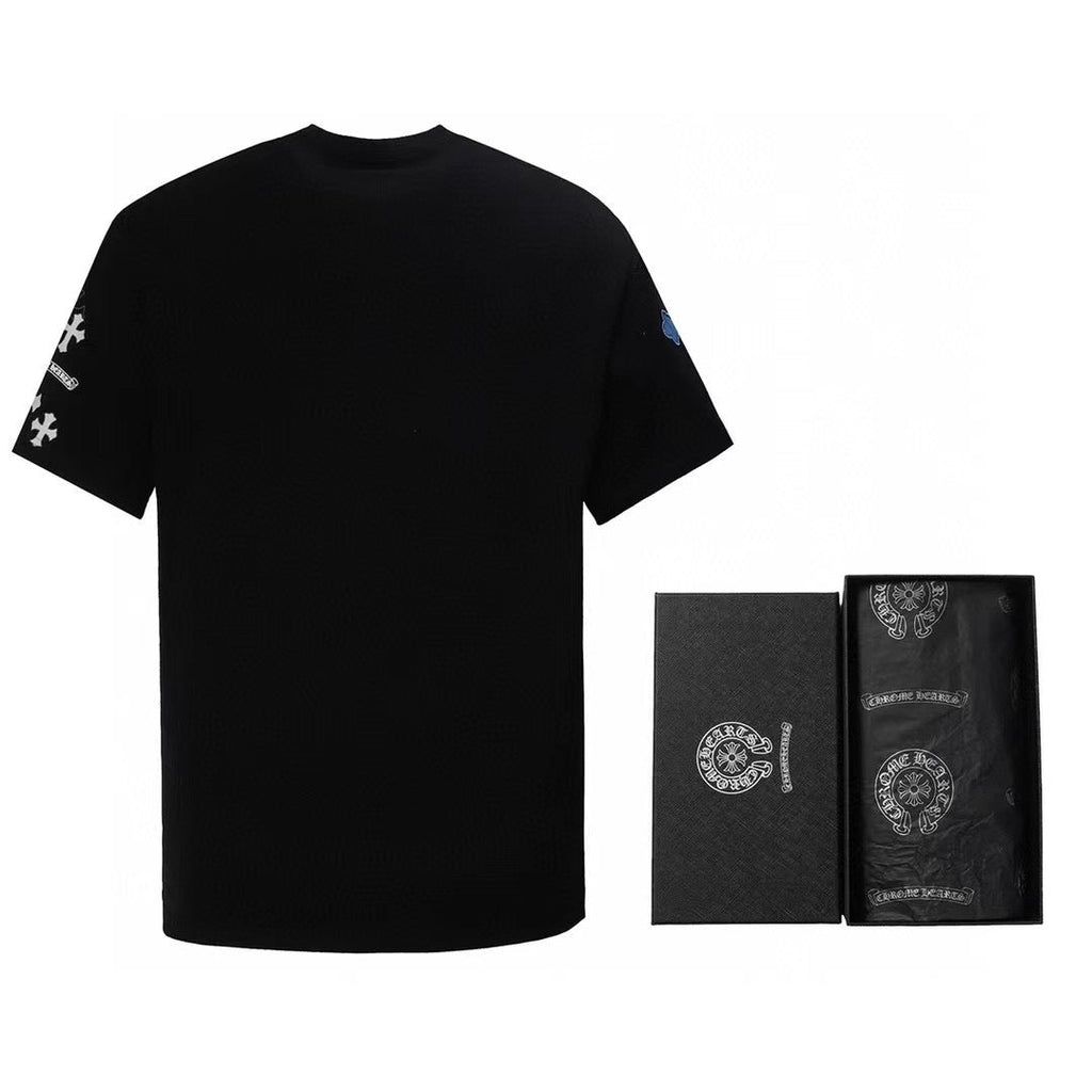 Chrome Hearts 2026 SS Blue & White Cross Embroidered T-Shirt - Black Unisex Cotton Tee with Gothic Logo