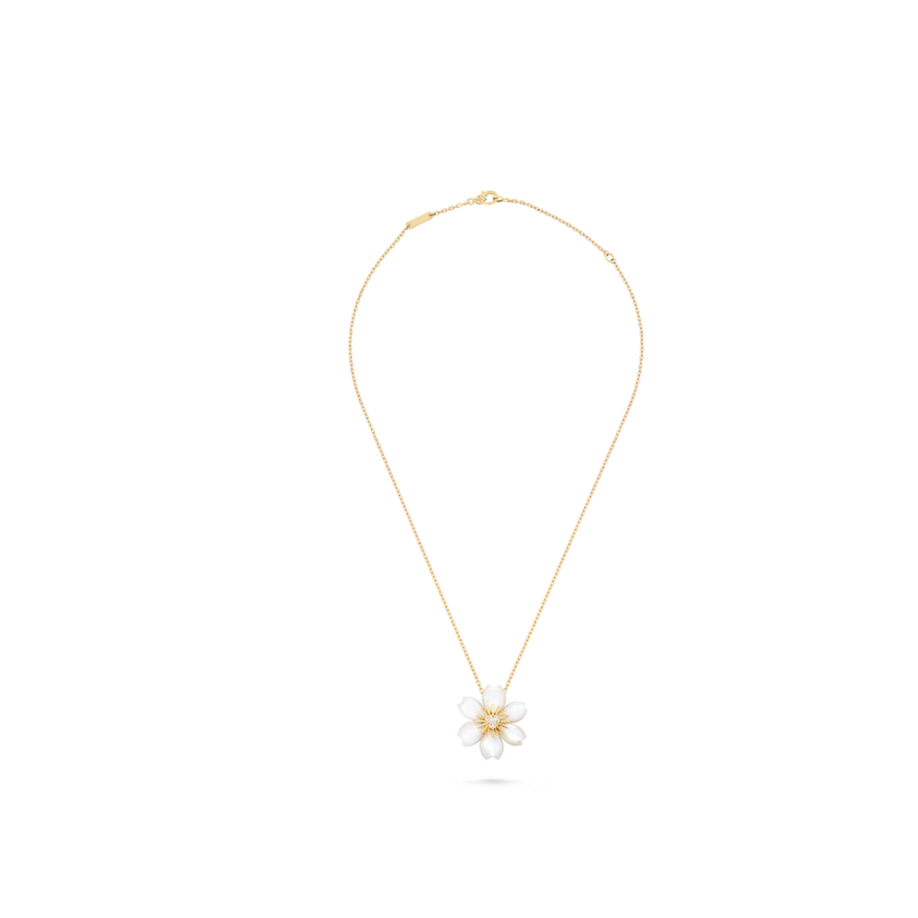Van Cleef & Arpels Rose de Noël collection mini pendant with mother-of-pearl and diamonds
