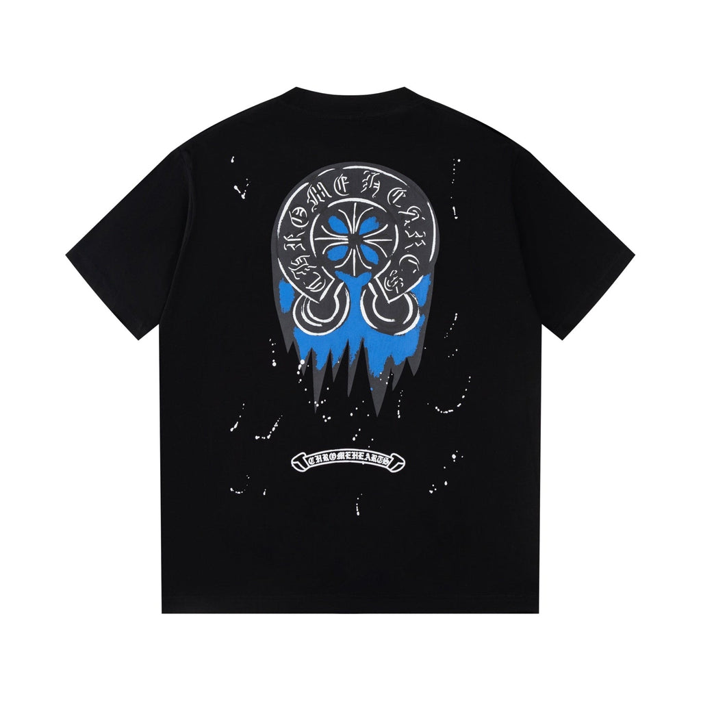 Chrome Hearts Black T-Shirt with Blue Drip Horseshoe Cross Graphic