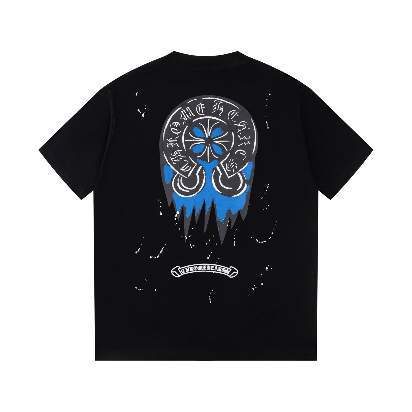 Chrome Hearts Black T-Shirt with Blue Drip Horseshoe Cross Graphic