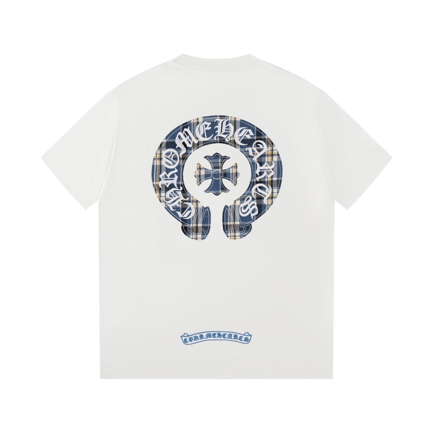 Chrome Hearts Style Plaid Horseshoe Cross T-Shirt - White with Blue Embroidery, Vintage Wash Cotton Streetwear Tee