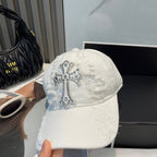 Chrome Hearts-Style White Distressed Baseball Cap