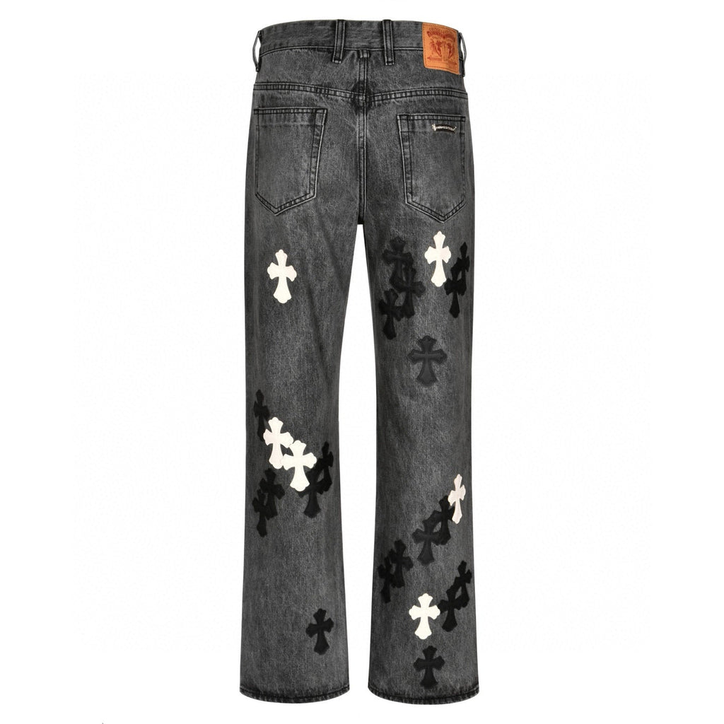 Chrome Hearts Limited Edition Black & Grey Washed Denim Jeans with Flame Leather Appliqués