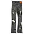 Chrome Hearts Limited Edition Black & Grey Washed Denim Jeans with Flame Leather Appliqués