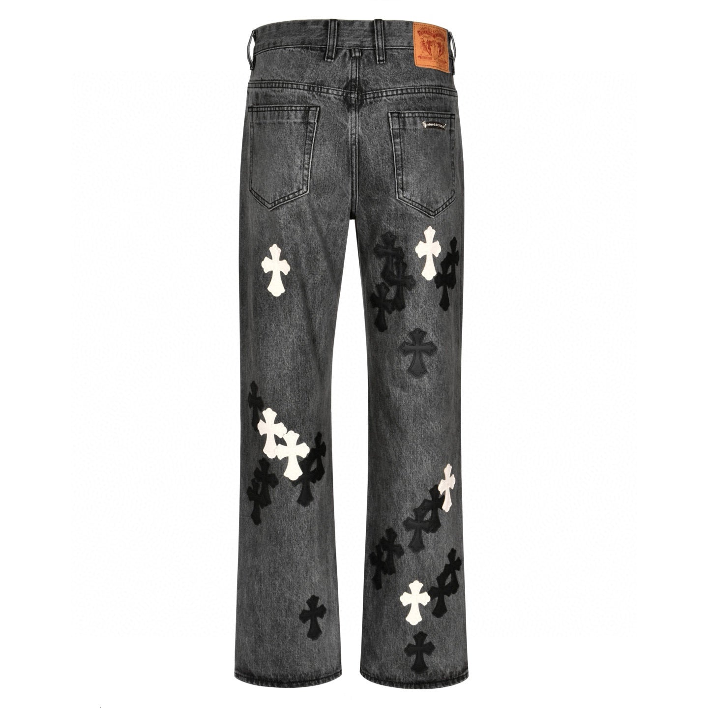 Chrome Hearts Limited Edition Black & Grey Washed Denim Jeans with Flame Leather Appliqués