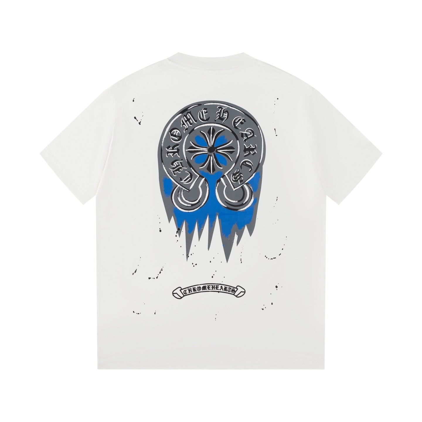 Chrome Hearts White T-Shirt with Blue Drip Horseshoe Cross Graphic