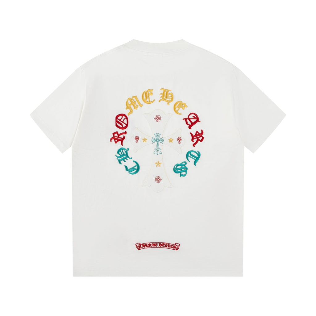 Men's Streetwear T-Shirt - Colorful Sanskrit & Cross Embroidery, Premium Cotton, Unisex Casual Top