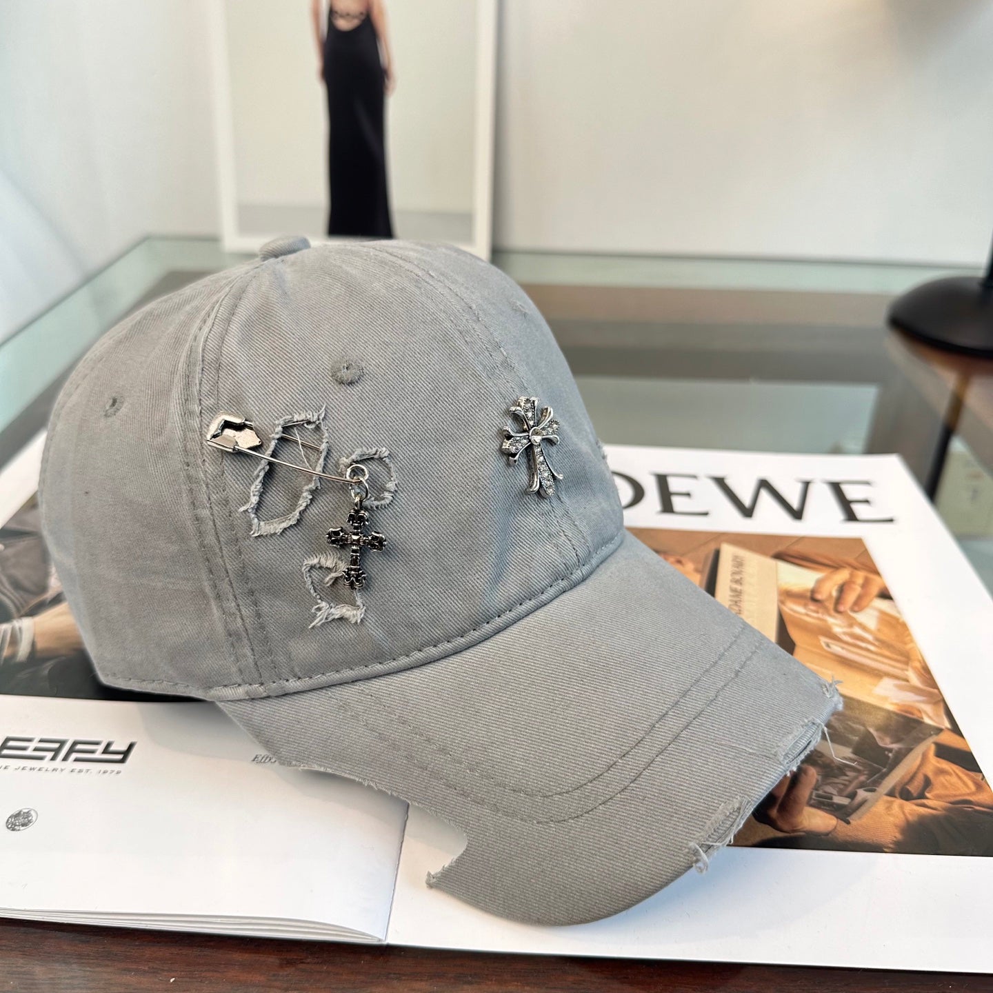 Chrome Hearts Grey Washed, Distressed, and Ripped Baseball Cap